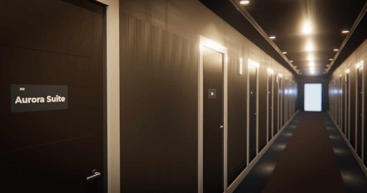 A hotel corridor at dusk. Every door carries the same anthracite door plate, the nearest reading Aurora Suite, the next 301.