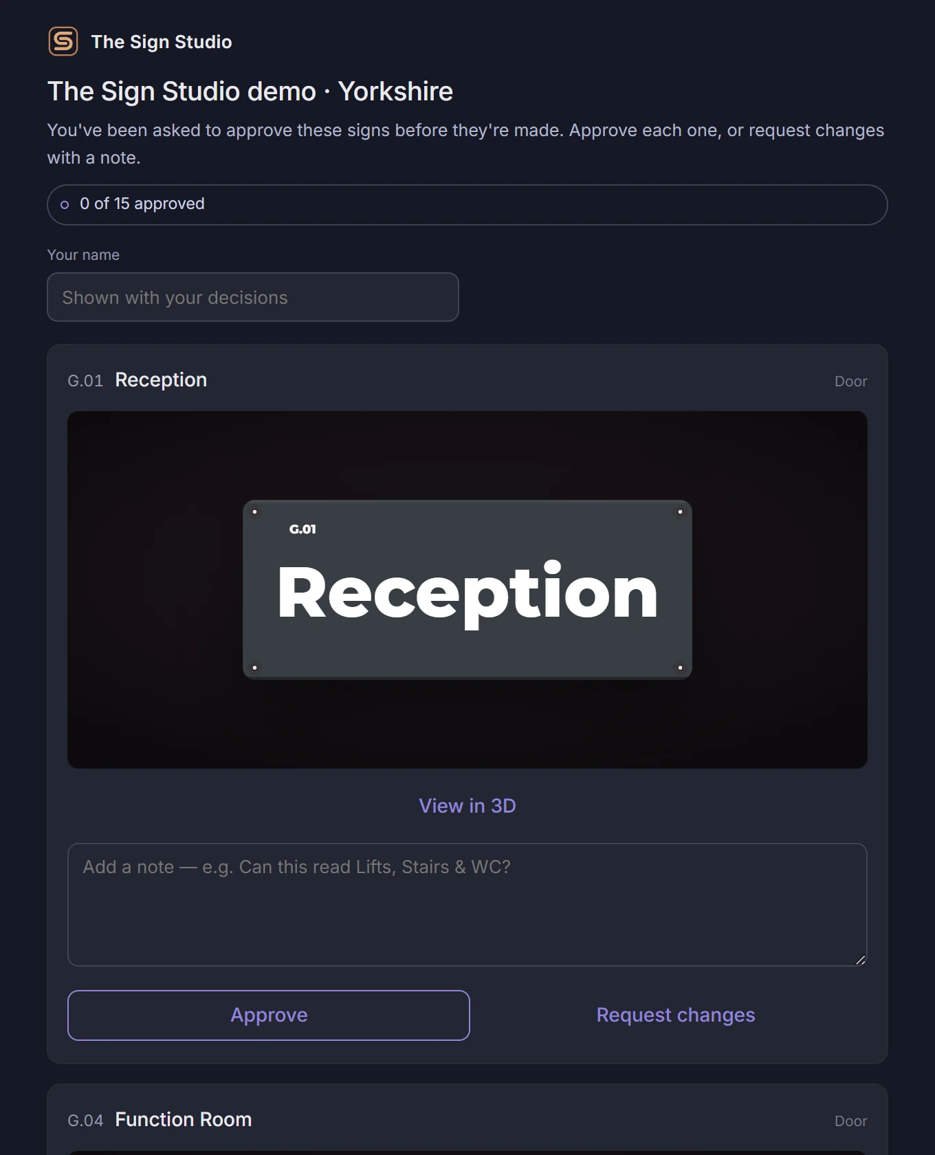 The approval link open in a browser: the project name, a count reading
                0 of 15 approved, a field for the approver's name, a preview of the
                Reception plate, a box for a note, and Approve and Request changes
                buttons.