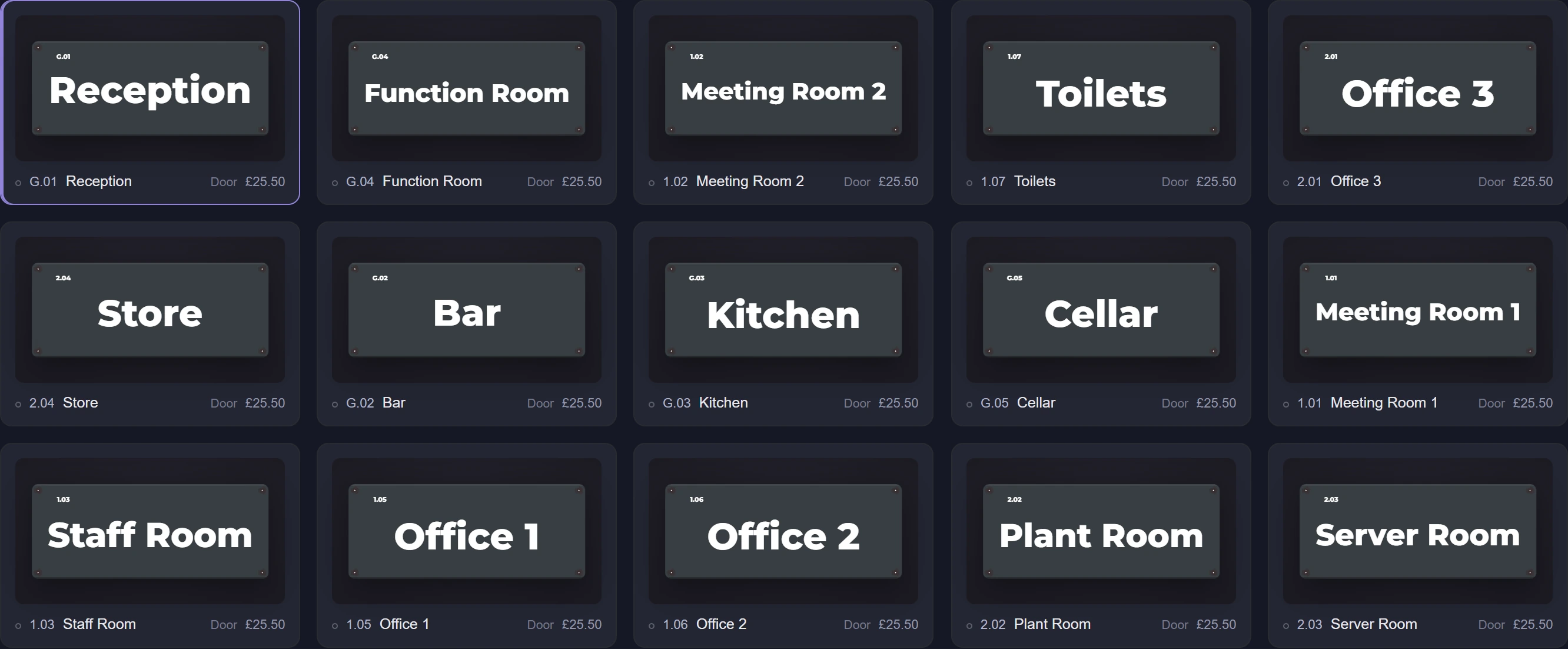 Fifteen finished plates in a grid: Reception, Function Room, Meeting
                Room 2, Toilets, Office 3, Store, Bar, Kitchen, Cellar, Meeting Room 1,
                Staff Room, Office 1, Office 2, Plant Room and Server Room, each with
                its reference and price.